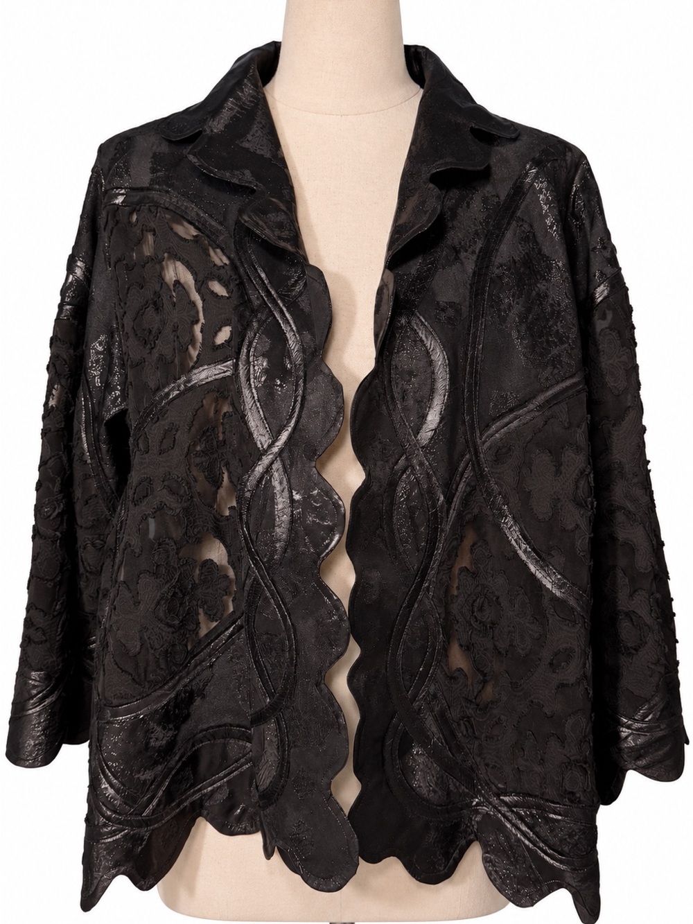 KOOS 100% silk sheer and lace scalloped black jacket / blazer. 2XL